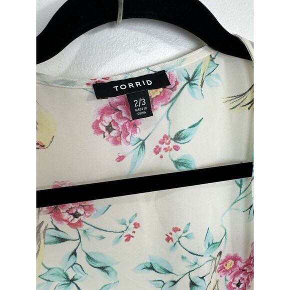 TORRID Women Ivory Pink Green Floral Birds‎ Short Sleeve Cardigan Dress Size 2/3 - Picture 4 of 9